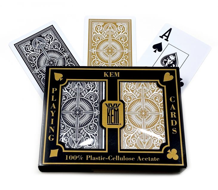 2 Deck KEM Arrow Black Gold Bridge Jumbo Index Playing Cards 100% Plastic Narrow 