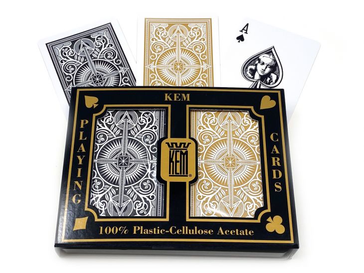 2 Deck KEM Arrow Black Gold Bridge Jumbo Index Playing Cards 100% Plastic Narrow 